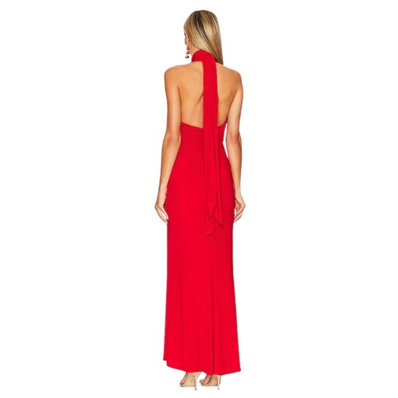Alice + Olivia Reese New Ruby Red Gown – Size 6 – Deep V, Scarf Neck, Slit, Form - Picture 2 of 8